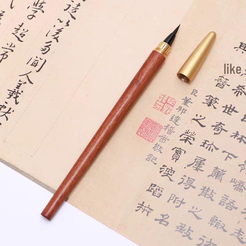 Sandalwood Soft Tip Calligraphy Brush Pen - Engraved Fountain Style for Student Practice