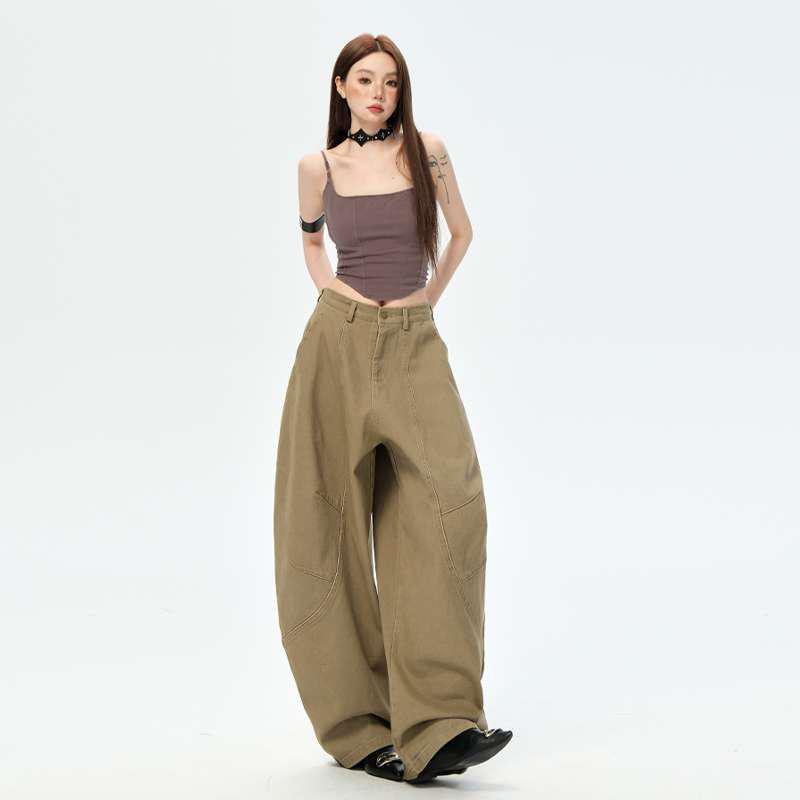 

Coffee-Colored Retro Wide-Leg Cargo Pants for Women Large