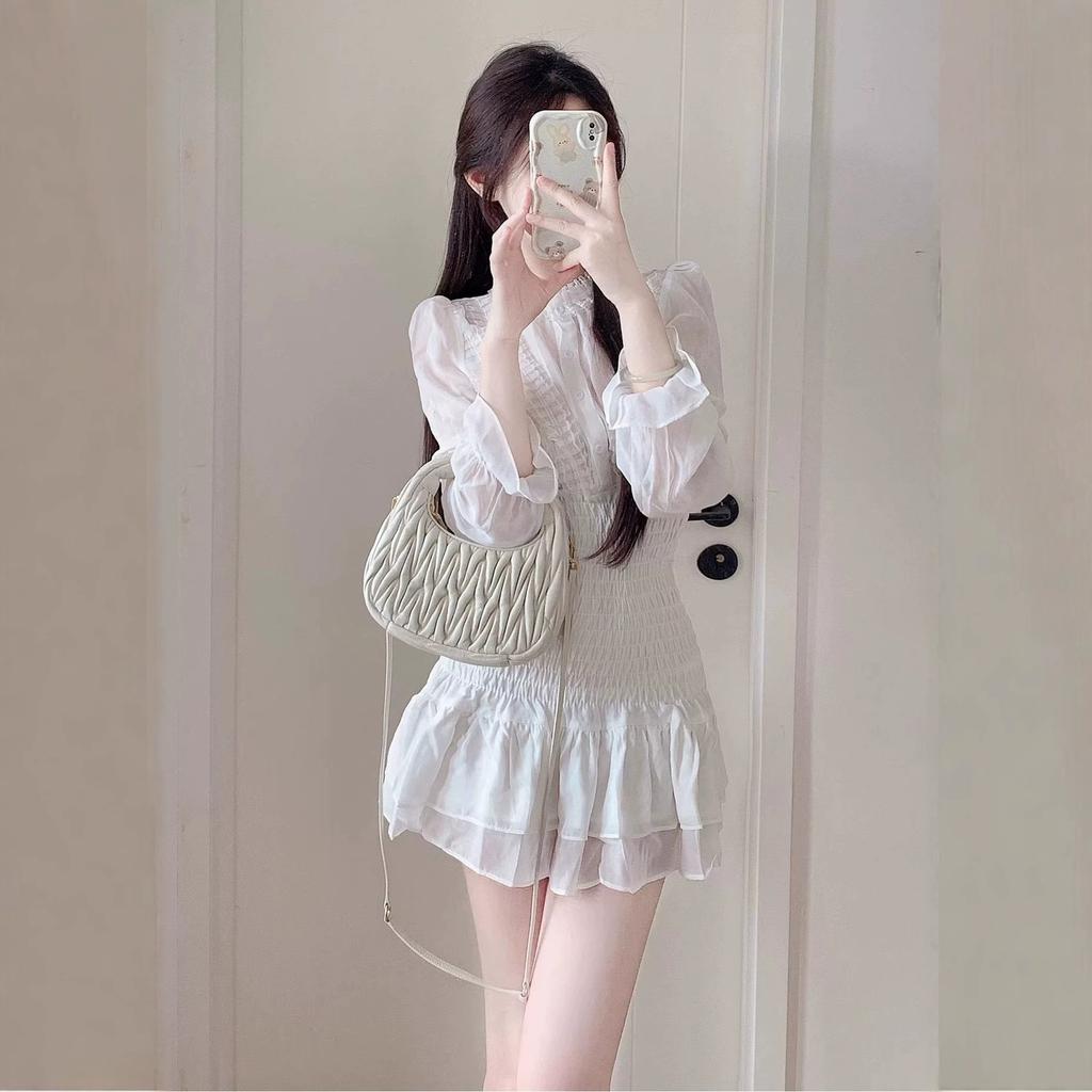 French White Long-sleeved Dress Children's Autumn Temperament Fairy Skirt Waist Thin Short Skirt