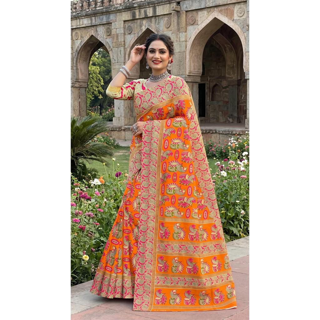 New Launch Beautiful Bagru Printed Saree with Blouse