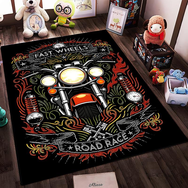 Motorcycle Road Race Carpet with "Fast Wheels" Graphic Design Suitable for Use As an Anti-slip for Living Room Bedroom Sofas