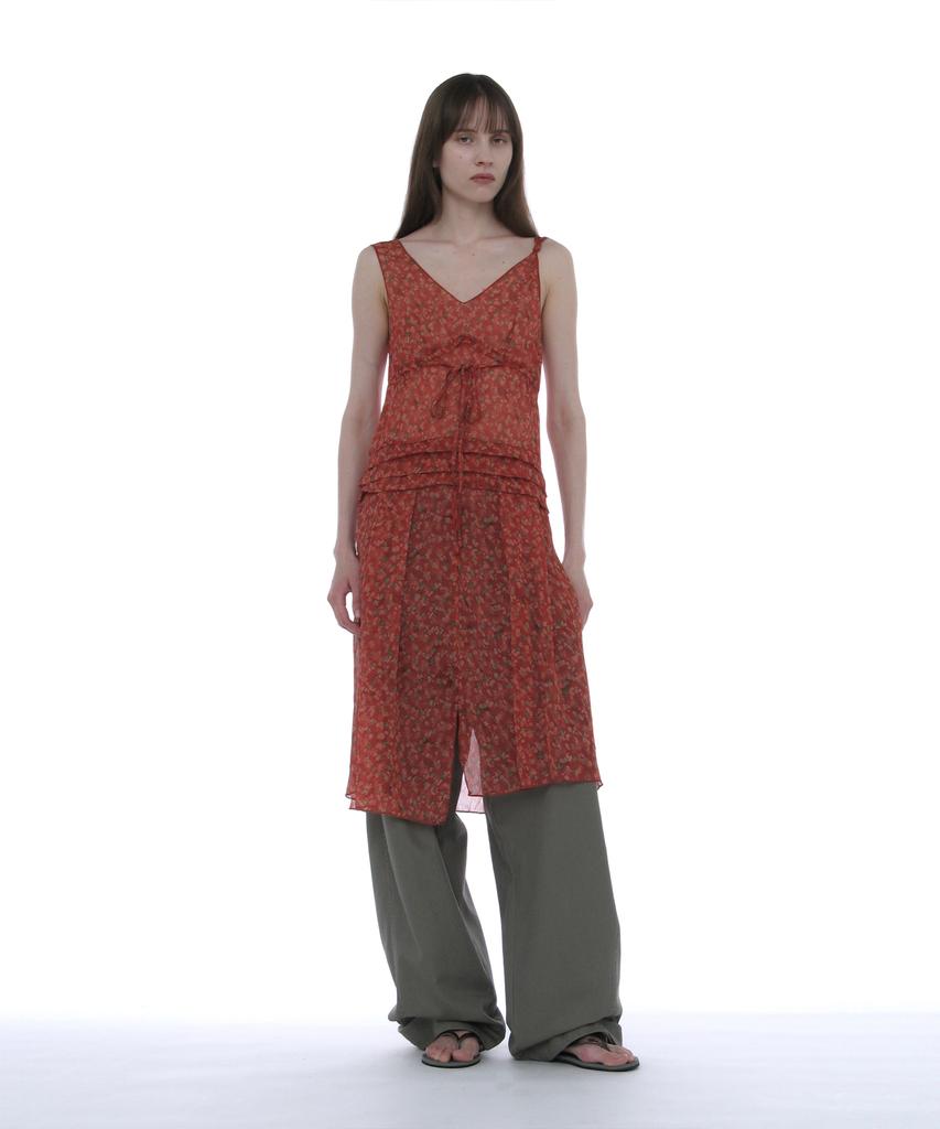 Partimento Woman Floral Pleated Sheer Midi Dress_Red