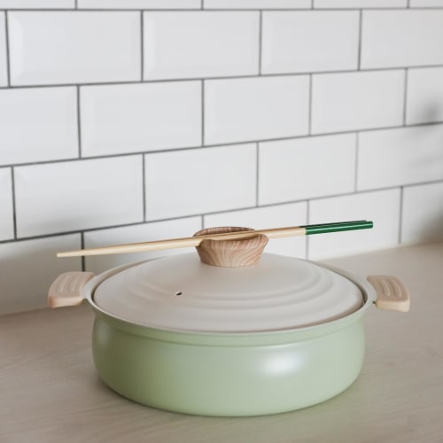 PEARL METAL HB-6973 Tabletop Pot, 24cm, Induction Compatible, Baked Finish, Ceramic Coating, Serves 3-4, Green, Natural Cook Pure