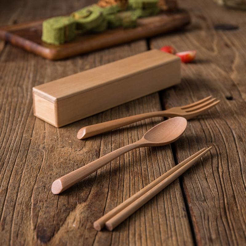 Natural Wooden Utensils Set With Fork Spoon Chopsticks Compact Travel Essential For Office School Outdoor Dining