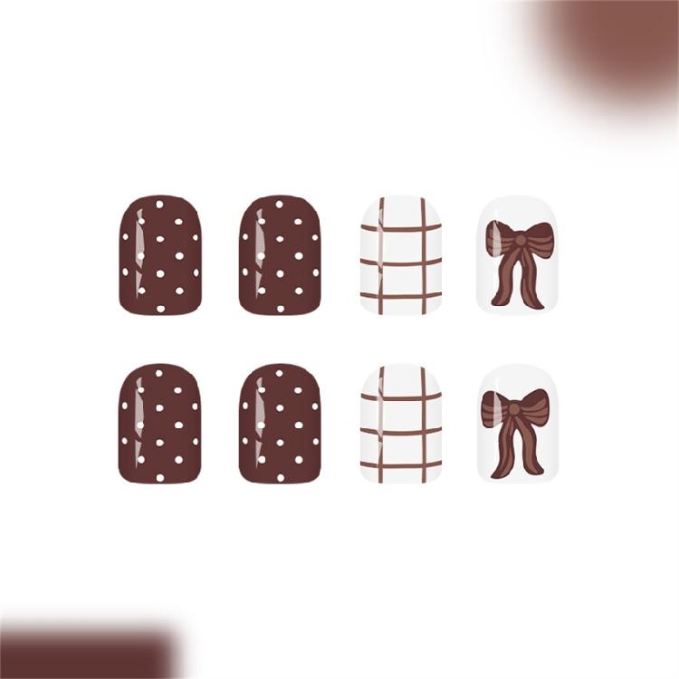 24 Glossy Short Square Fake Nail Coffee Brown Bowknot Checkered Pattern White Polkas Dots ABS Material For Fall Winter Manicure