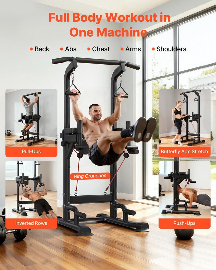 Pull Up Bar, 150kg Power Tower Dip Station, Workout Dip Station with H-Shaped Stable Base & Back Pad, Adjustable 12 Level Height Free Standing Chin Up
