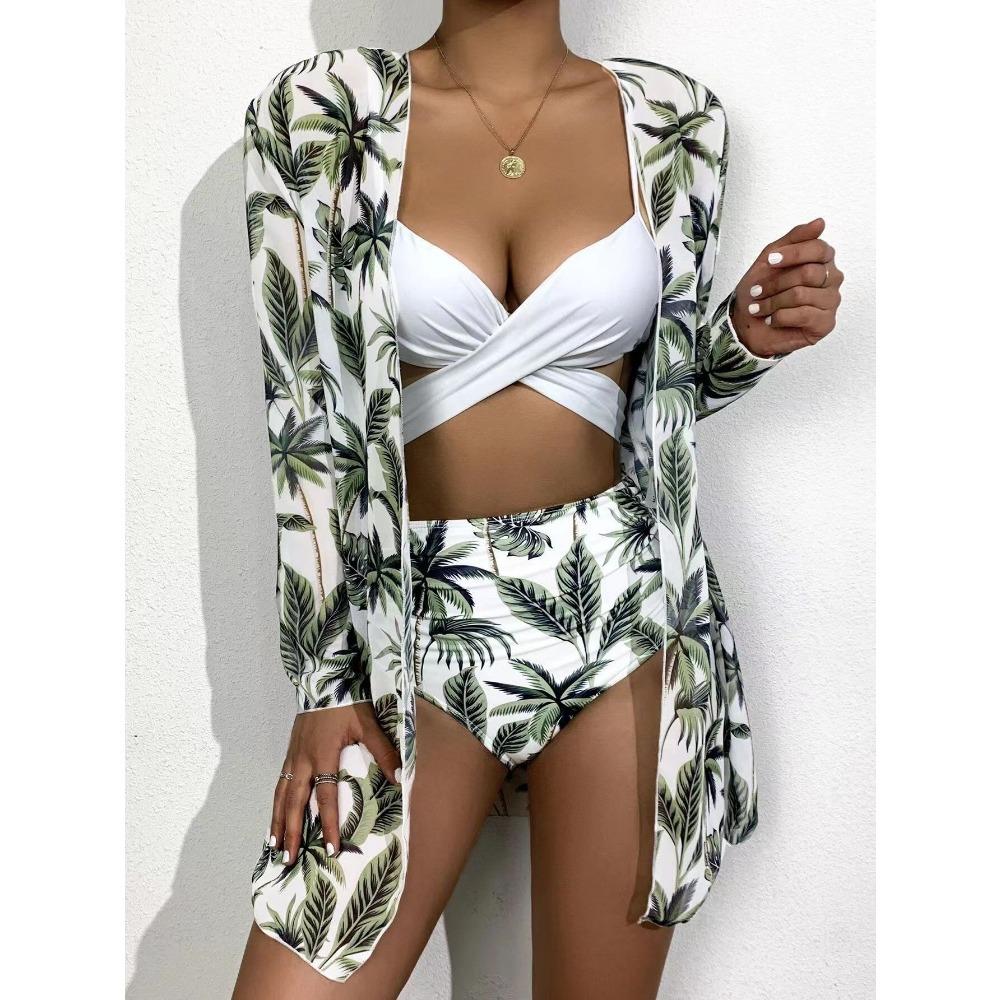 European and American Bikini Sexy Push Up Mesh Three-Piece Printed Split Swimsuit