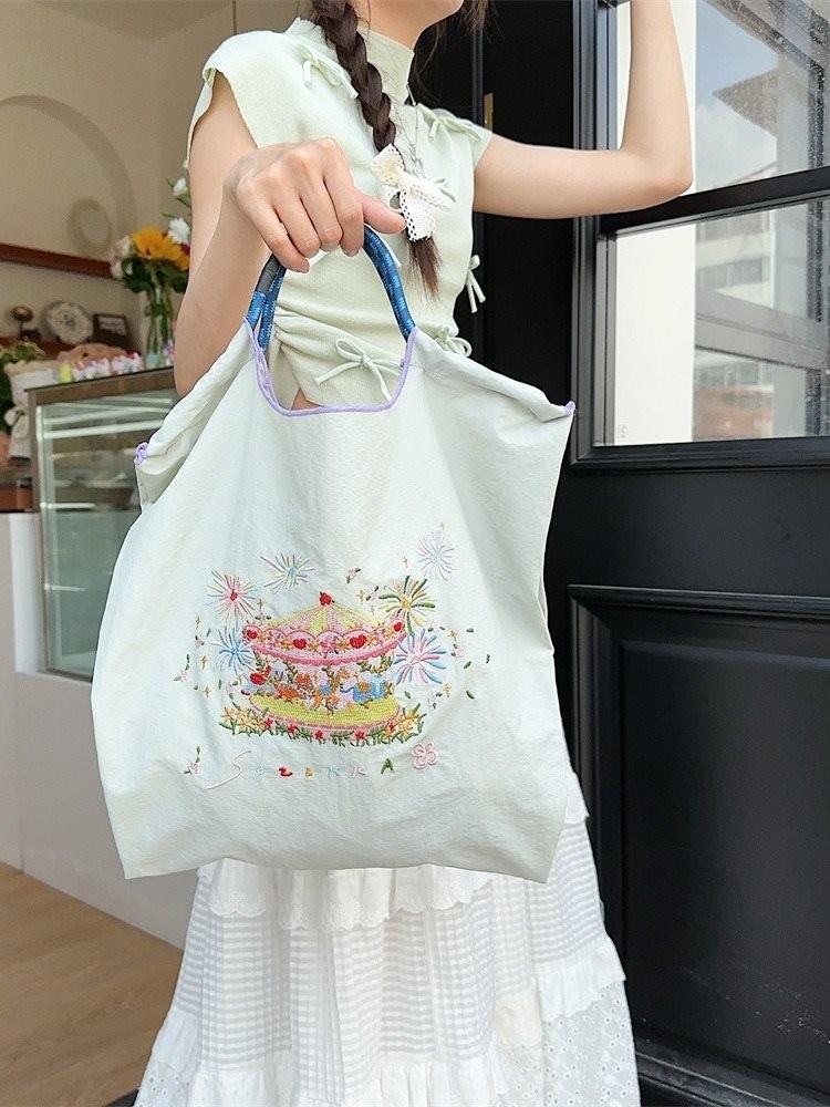 Exquisite Embroidered Oxford Tote Bag Stylish Cartoon Shopping Handbag For Daily Use