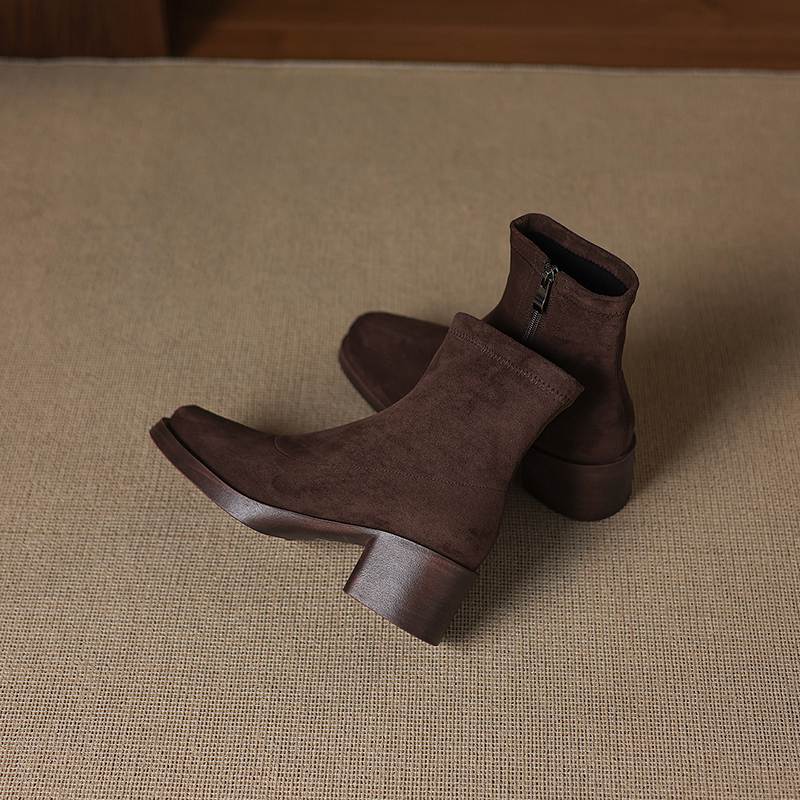 Krazing Pot Flock Round Toe Thick High Heels Chelsea Boots Zip Women Concise Style Ankle Boots