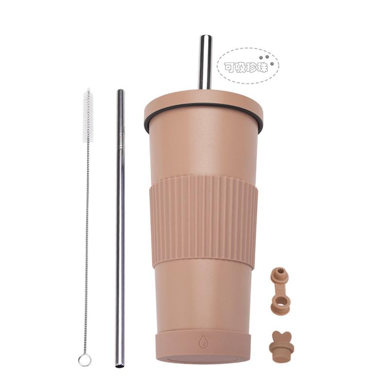 710Ml Bubble Tea Cup Non-Slip Double-Layer Stainless Steel Straw Cup Multi-Color Straw Thermal Insulation Water Cup