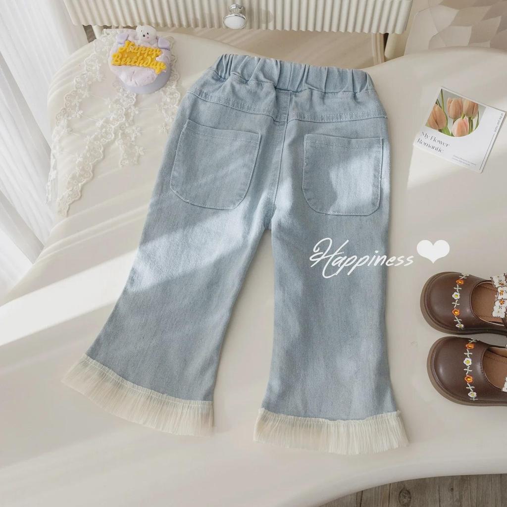 Stylowe dżinsy z koronką z szerokimi nogawkami typu dzwony dla dziewczynek - Wiosenno-jesienne spodnie z szerokimi nogawkami