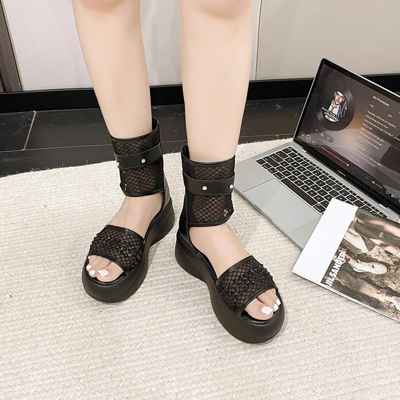 Women's Sandals Mesh Upper Platform Sole Zipper Rhinestones Womens Shoes Dress Heel Wrap Personality Roman Sandalias De Mujer