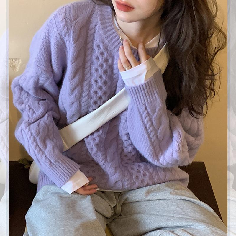 Solid color twist sweet and gentle round neck pullover sweater women's autumn and winter new fashion age-reducing knitted sweater top