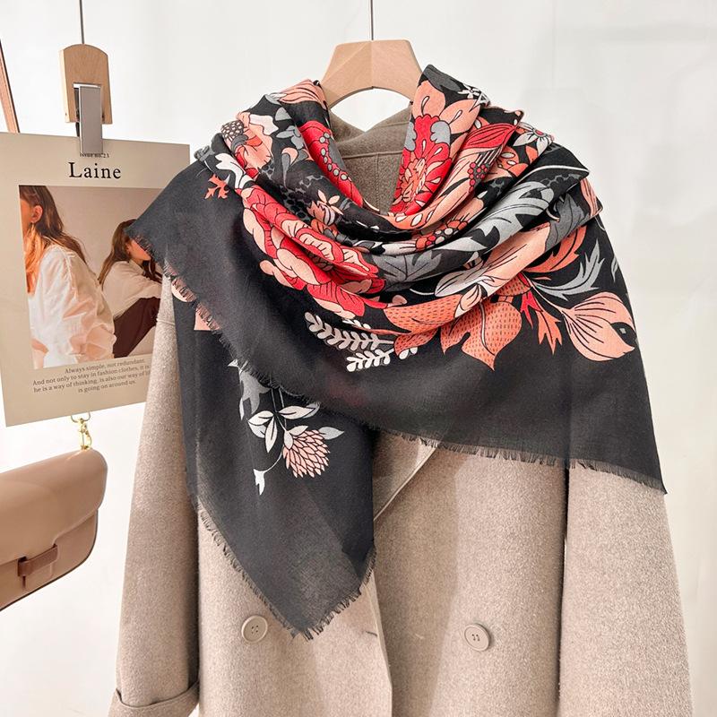 Autumn and Winter New Temperament Versatile Neck Protection Warm Removal Beard Large Square Scarf Printed Scarf 130CM Shawl