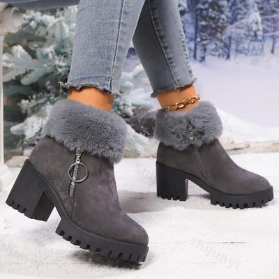 Large Size Women's Boots Winter Fashion Side Zipper Tumed-over Edge Cotton Shoes Outdoor Non Slip Comfortable Medium Heel Shoes
