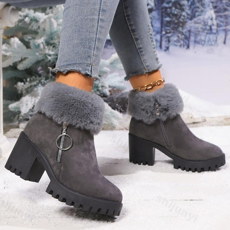 Large Size Women's Boots Winter Fashion Side Zipper Tumed-over Edge Cotton Shoes Outdoor Non Slip Comfortable Medium Heel Shoes
