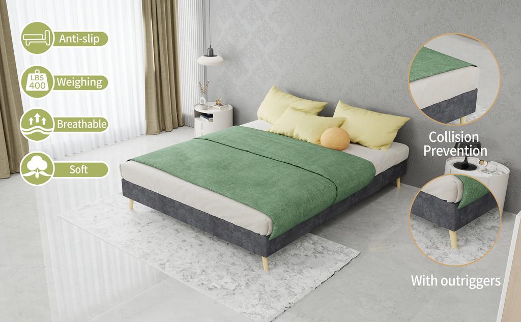 Modern Minimalist Bed Frame, 140x200 cm, Grey, Dutch Velvet Fabric, Low-Profile Base, Bedroom Furniture. Excludes Gas Lift, Headboard, and Mattress.