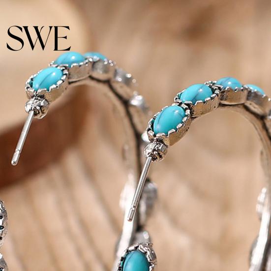 Turquoise Hoop Earrings Vintage Boho Style Circle Large Statement Elegant Plated Jewelry for Women