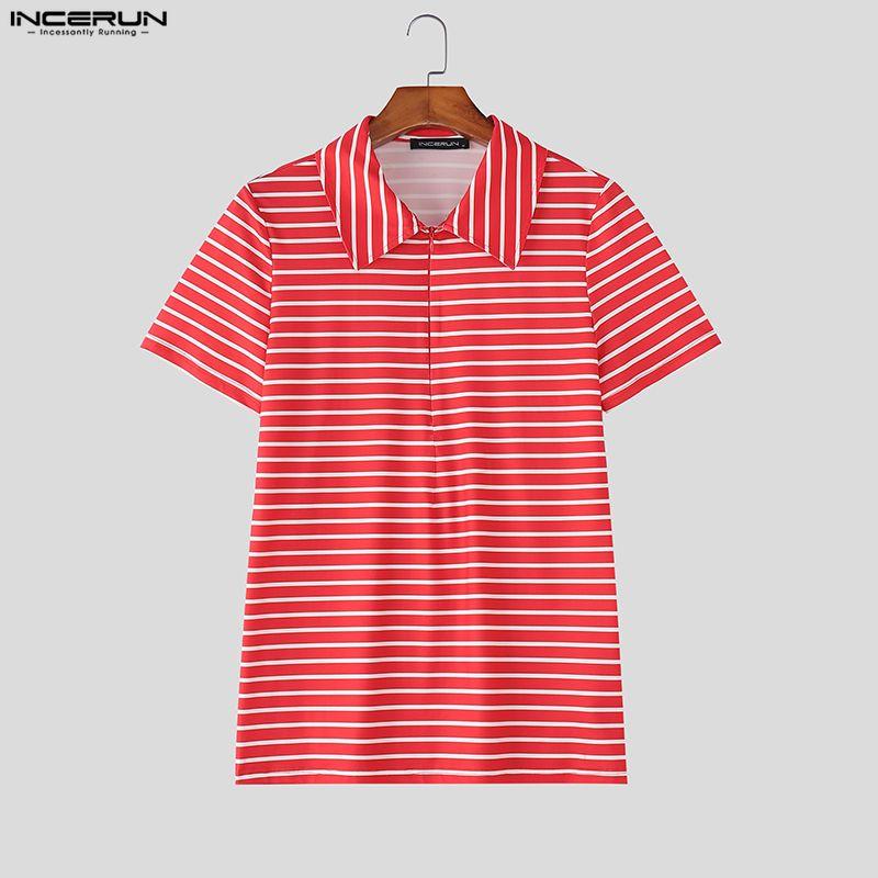 INCERUN Sommer Herren Reverskragen Kurzarm Gestreift Reißverschluss Freizeit T-Shirts Oberteile