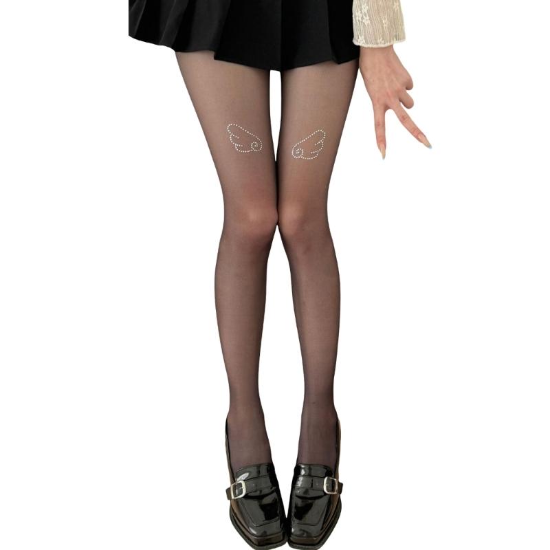 Women s Sweet Ultra-Thin Sheer Pantyhose Stockings Aesthetic Glittering Rhinestones Wing See-Through Tights Leggings