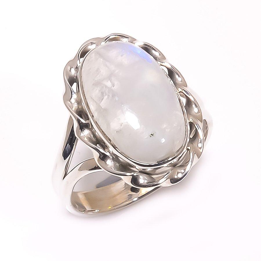 Natural Rainbow Moon Stone Gemstone 925 Solid Sterling Silver Ring Size 7.5 K5S23