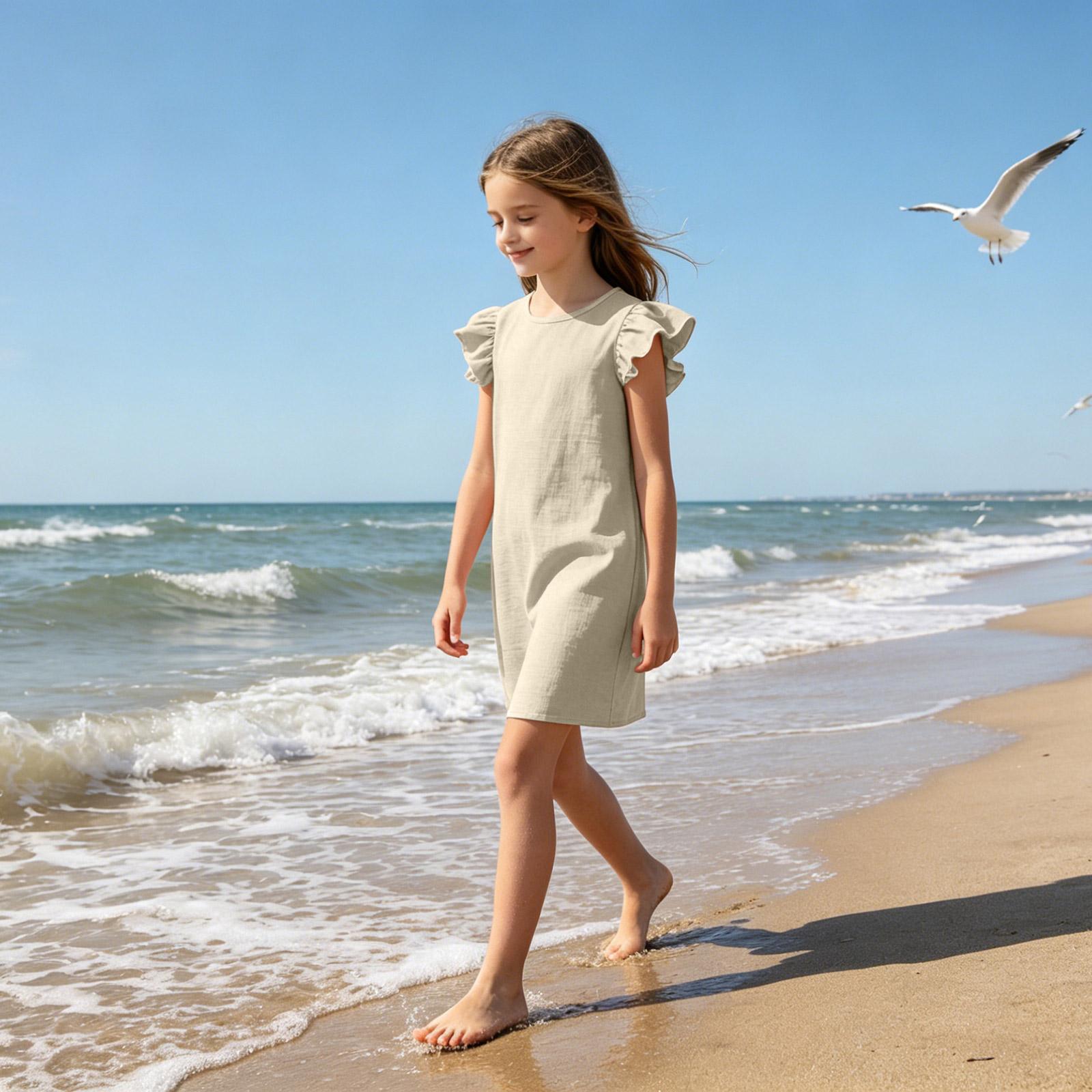 

Girls Linen Dress - Summer Breathable Casual Sundress 110 бежевый