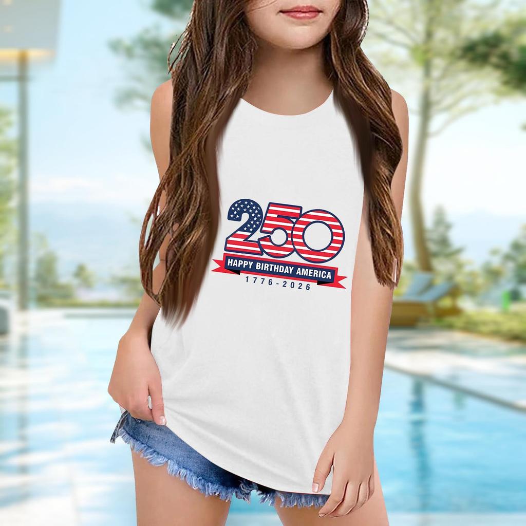 Girls  Kids Summer Crewneck Sleeveless Shirts Tank Tops Independence Day