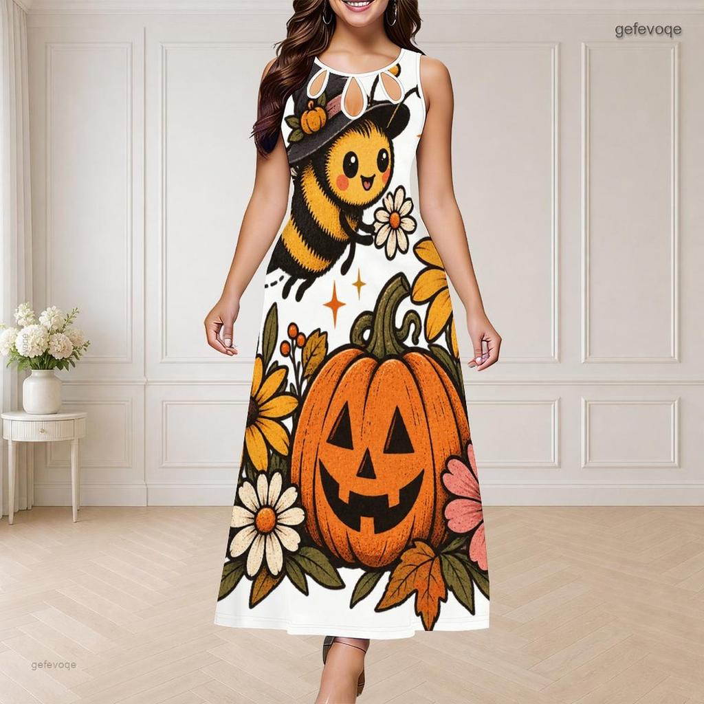 Women Plus Size Round Neck Triple Keyhole Cutout Sleeveless Maxi Dress Halloween Printed