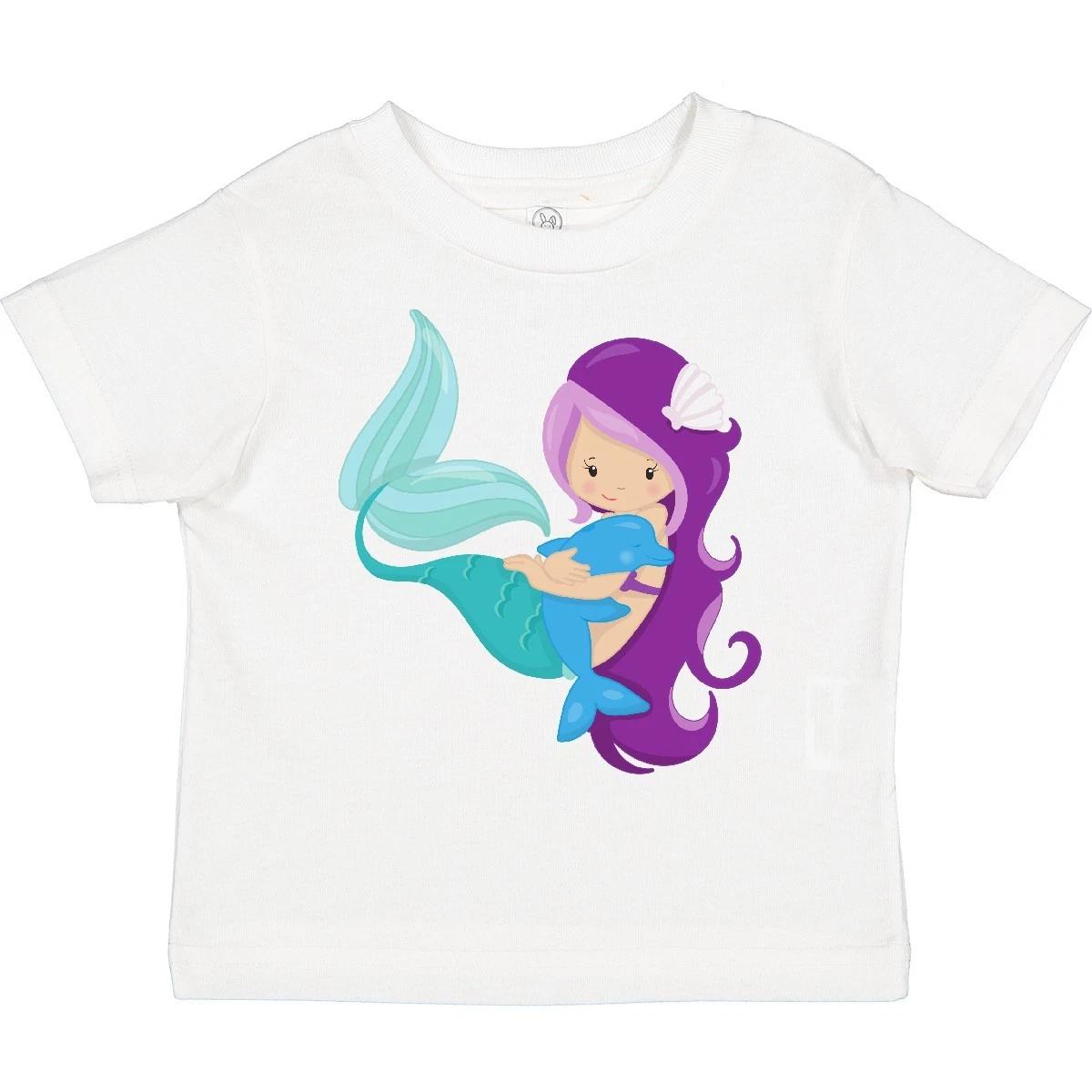 Inktastic Cute Mermaid, Little Mermaid, Purple Hair, Dolphin Toddler kids boys T-Shirt Kid 120