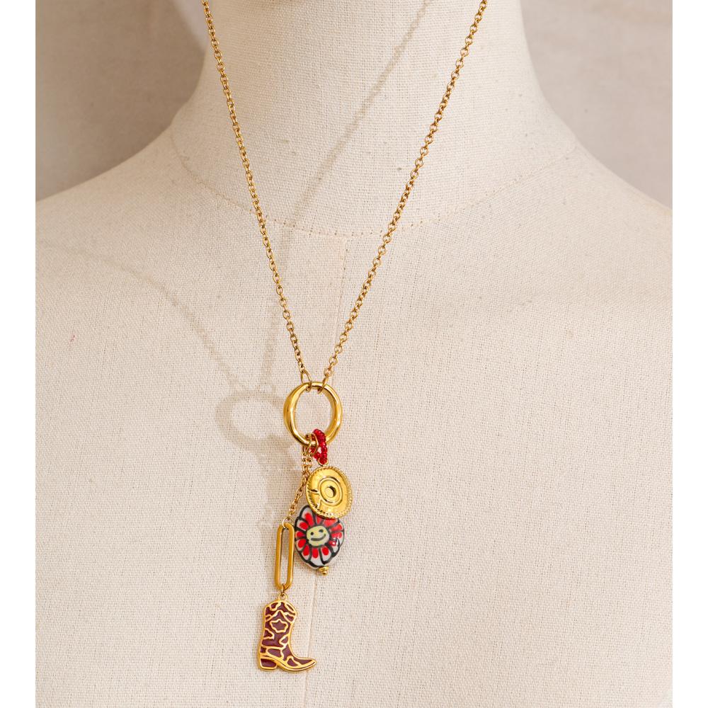Yhpup 80+5cm Stainless Steel Ceramic Flower Shoes Pendant Long Necklace Stylish Unique Statement Neck Jewelry Handmade Bijoux
