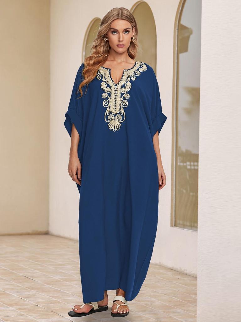 2024 European & American Cotton Embroidered Plus Size Beach Cover-up Dress