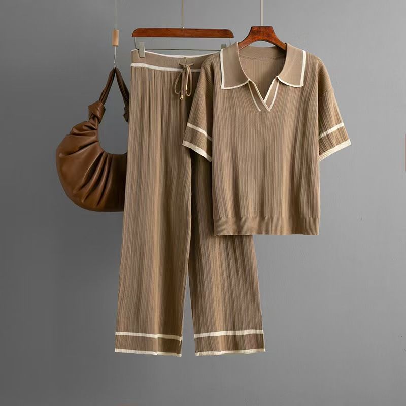 

Western Style New Loose Knit Short sleeve Top Trousers Set Knited Top and Pants Set Khaki All yards
