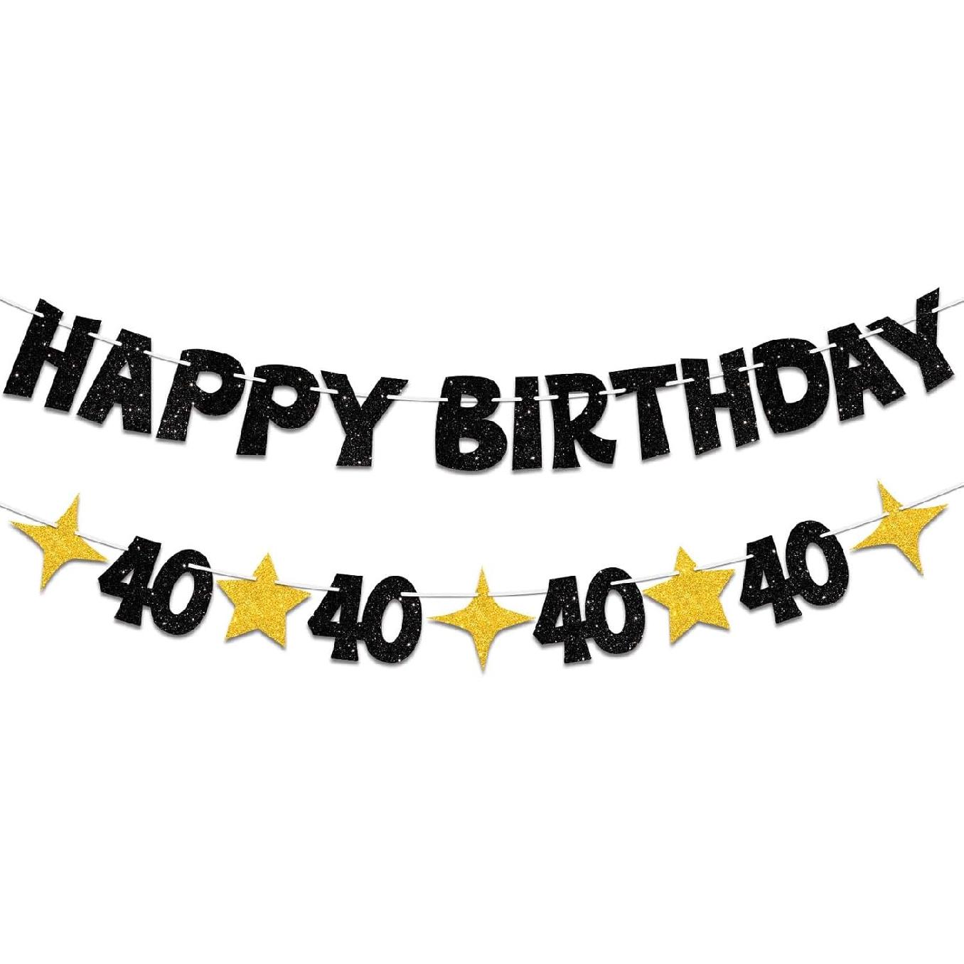Black gold Happy 40 Birthday Banner - Men Women Happy 40 Birthday Decoration,Glitte 40 Birthday Party Decoration Sign,40 Birthday Party Supplies