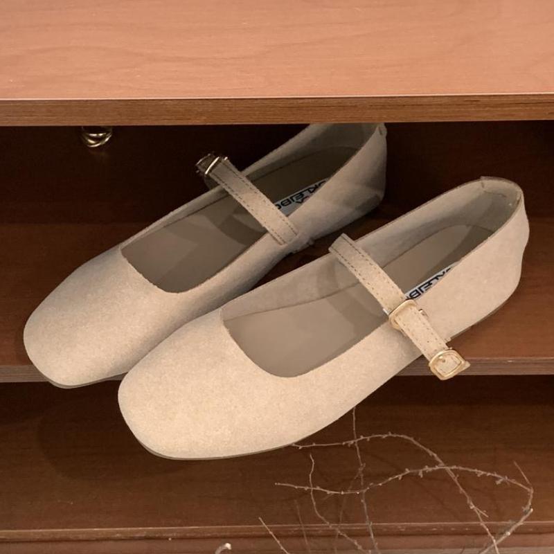 High Quality Faux Suede Mary Jane Shoes Women Retro Square Toe Shallow Buckle Ballet Flat Shoes Comfortable Concise Casual Shoes