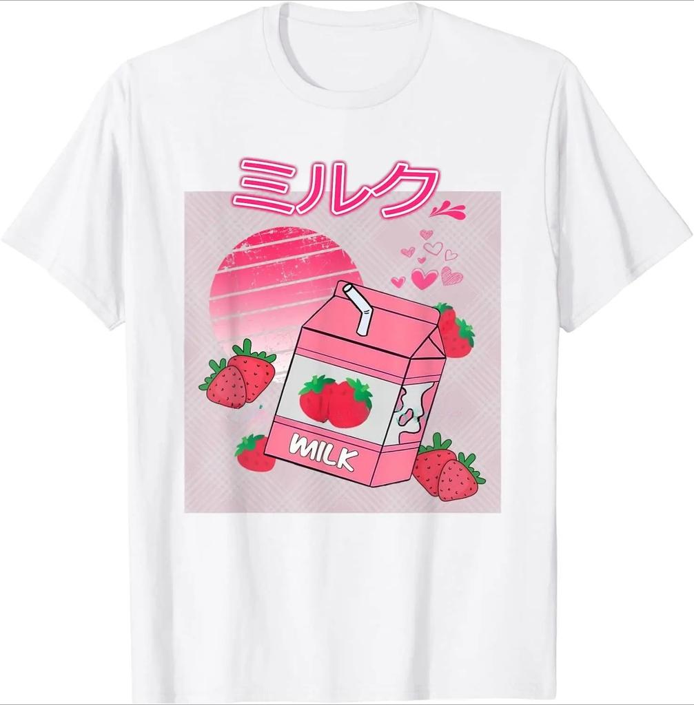 Festival Gift Short Sleeve Strawberry Milk Shake Carton Funny Retro 90s Japanese Interesting for Boy Girl Unisex TShirt