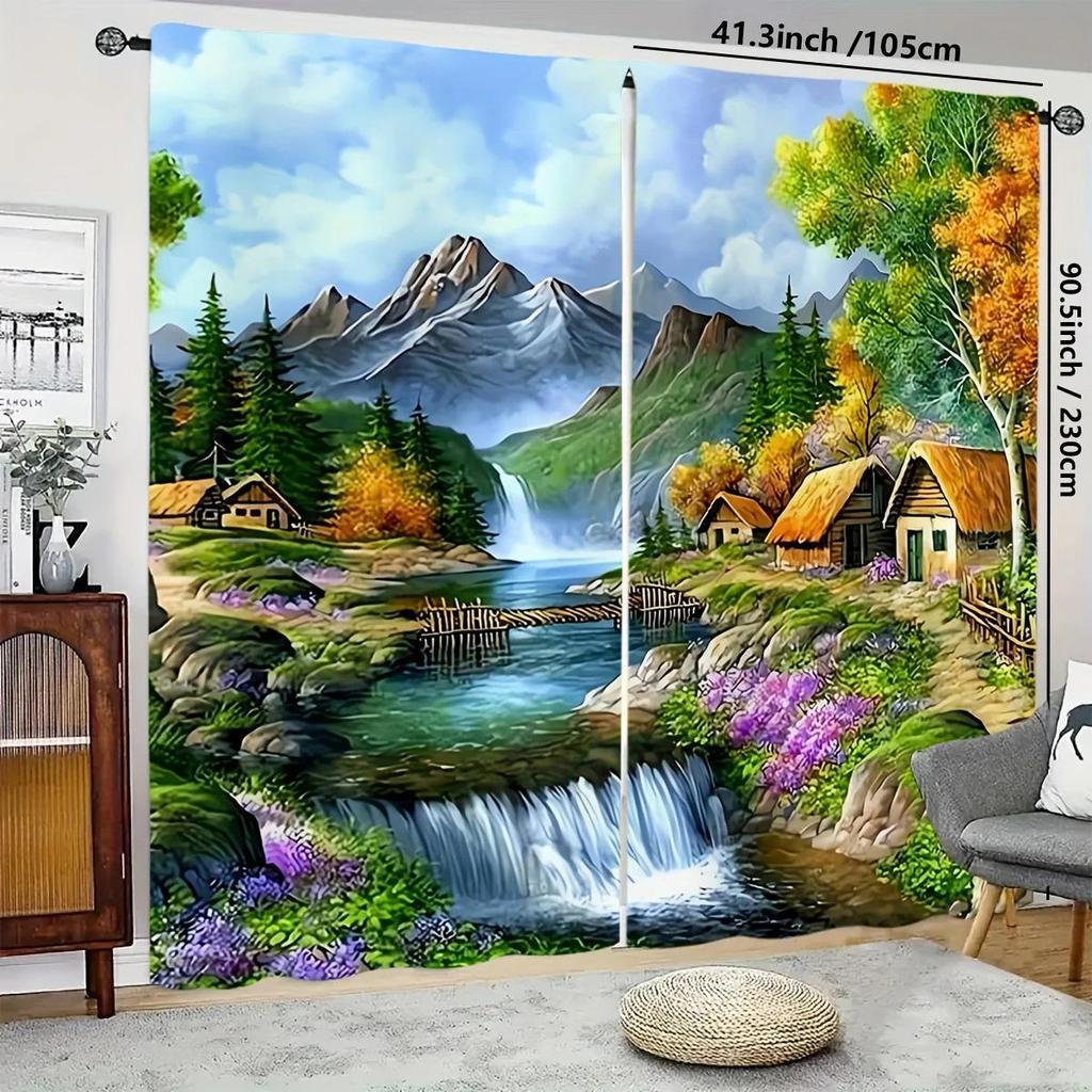 Contemporary Art Landscape Printed Curtains, Pole Bag Bedroom and Living Room, Home Decoration, Room Decoration