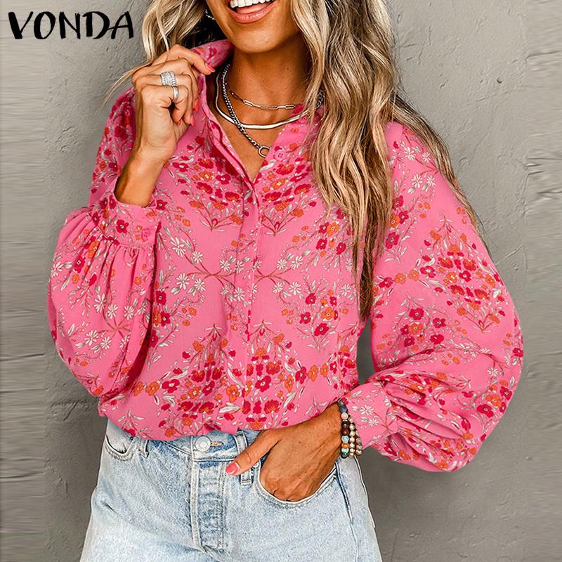 

VONDA Женские рубашки с длинным рукавом и цветочным принтом на осень 4XL розовый