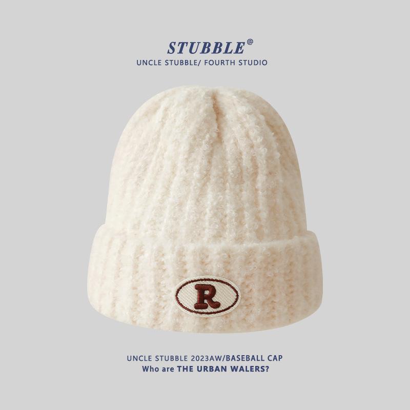 Warm Knitted Hats for Men and Women R Marked Face-showing Small Woolen Hats  Pile Hats for Couples  Outdoor Pullover Cold Hats