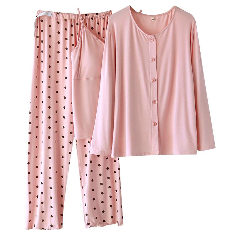 Postpartum Spring/Summer Modal Three-Piece Set: Long Sleeve & Pants for Breastfeeding