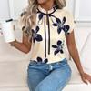 Women's Fashionable Versatile Temperament Pleated Round Neck Strap Printed Short Sleeved Top