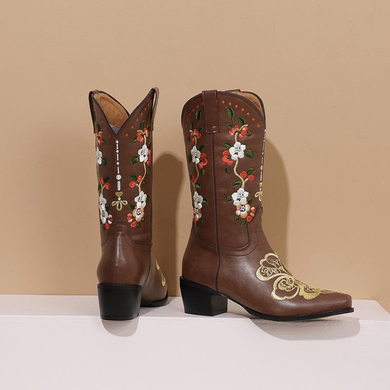 Fashion IPPEUM Cowboy Boots For Women Red Embroidered Size 43 Cowgirl Outfit Shoes Calf High Boots