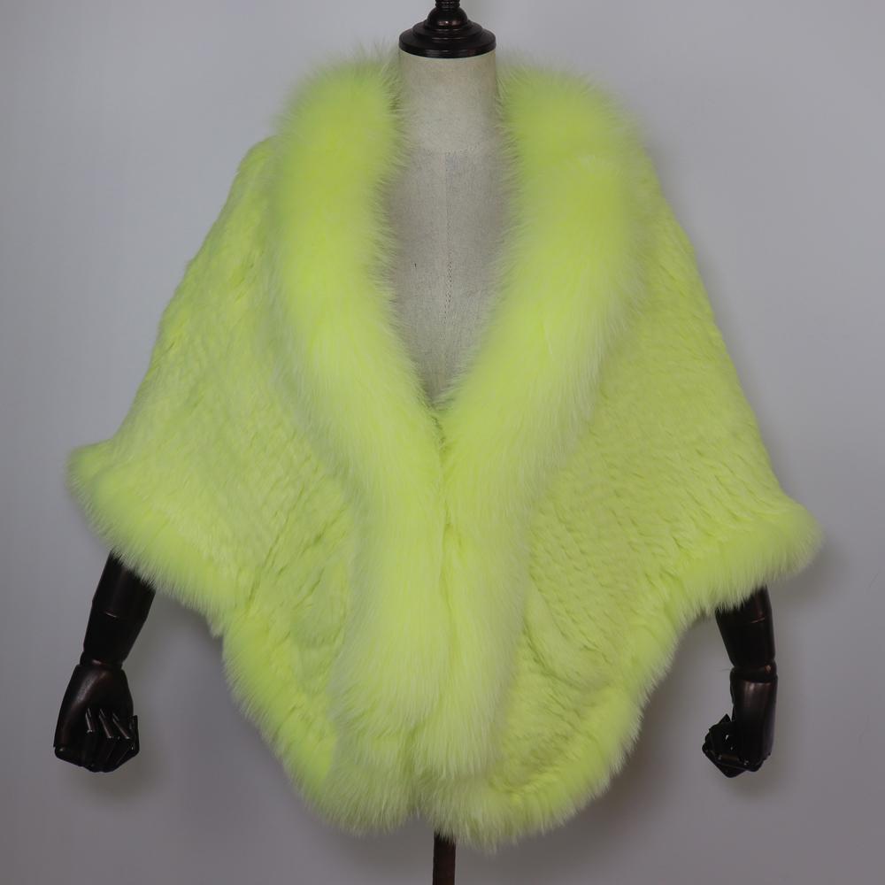 Women Real Rabbit Fur Shawl Scarf With Fox Fur Collar Winter Warm Knitted Rabbit Fur Poncho Girls Party Fashion Accessories