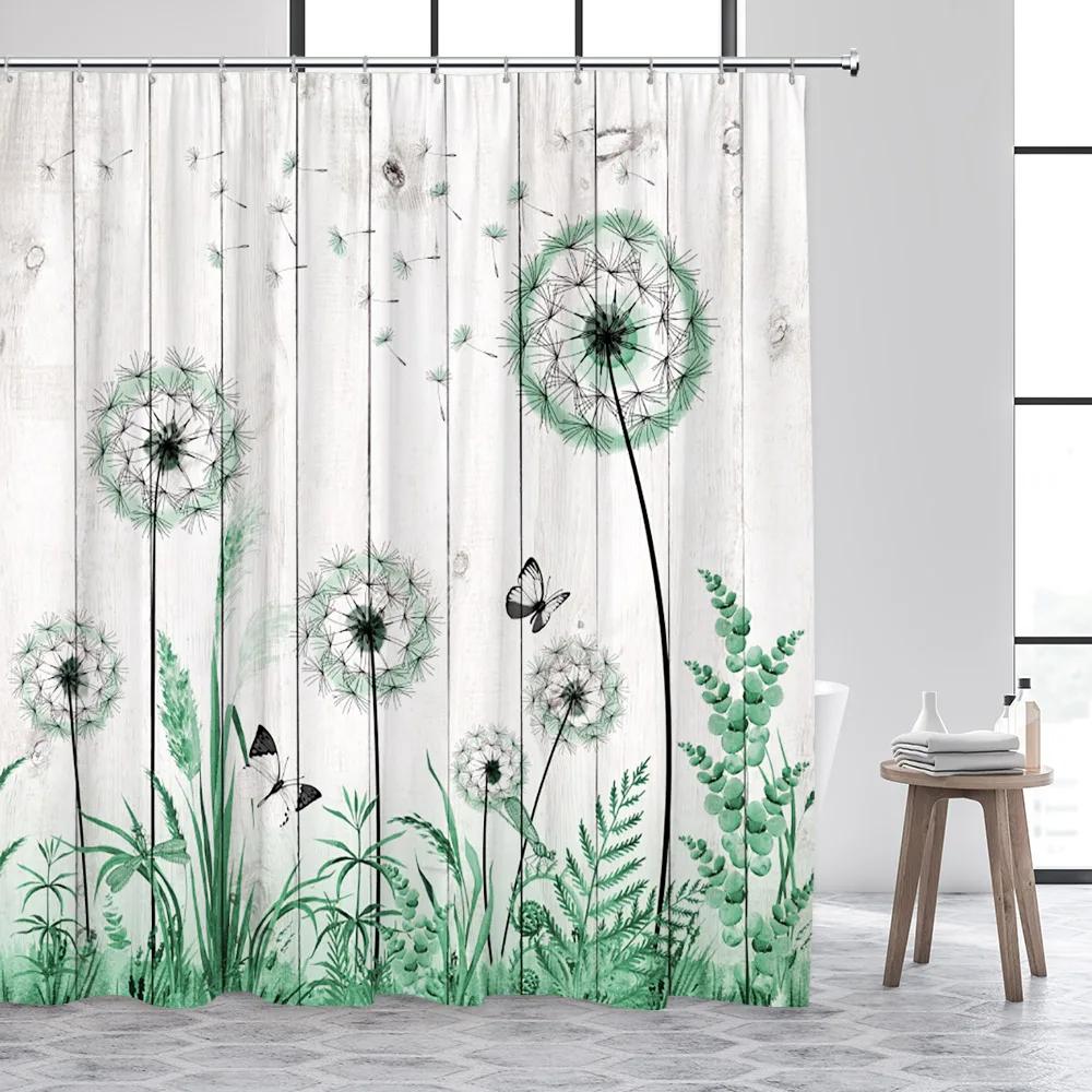 Dandelion Shower Curtain Watercolor Floral Farm Rustic Butterfly Plank Plant Polyester Fabric Bathroom Decor Curtain Washable