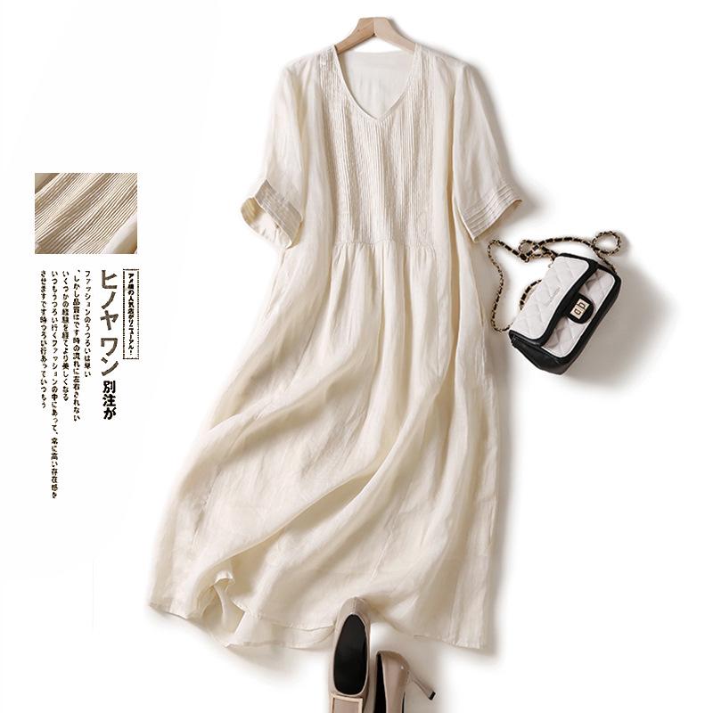 V-neck Retro Accordion-Pleated Dress – Literary Design In Solid Color Ramie, Slim Fit, Long Skirt for Women