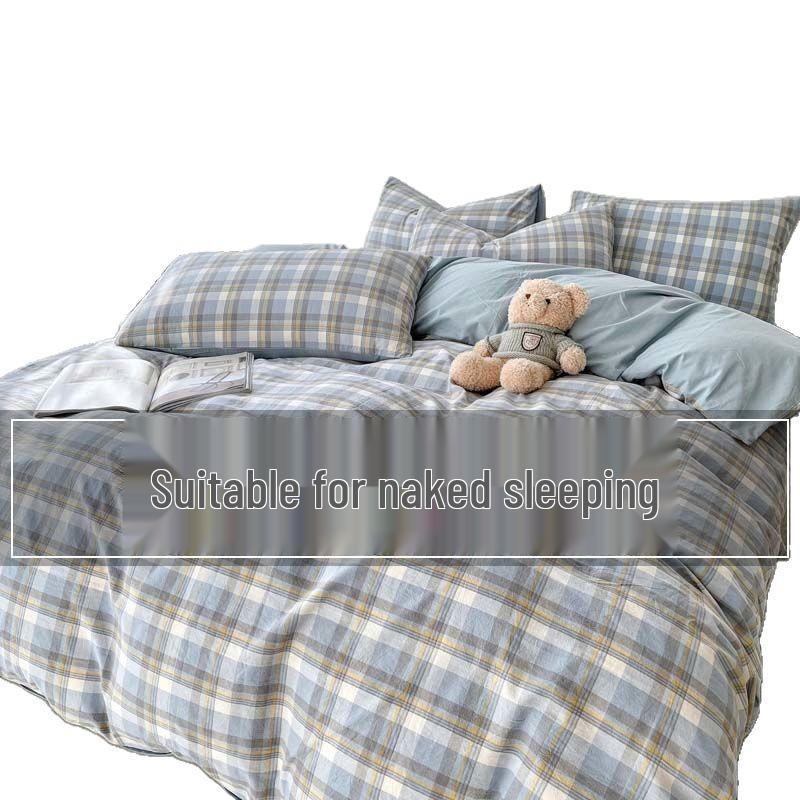 Muji Japanese Washed Cotton Flannel Plaid Bedding Set - 4 Pieces, Good Quality, Student Dormitory Style