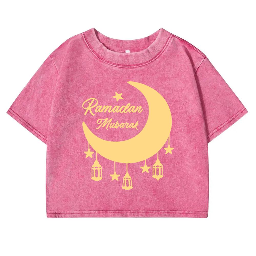Moon Lamp Art Printed Women Washed T-Shirts  Fitness Crop Top Summer Retro Tee Shirt Slim Casual Female  Clothing