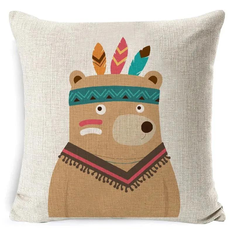 Tribe Woodland Animal Cushion Cover  Bear Fox Print Linen  Pillow Case Decorative For Chair Sofa Home Decor Throw Pillowcase