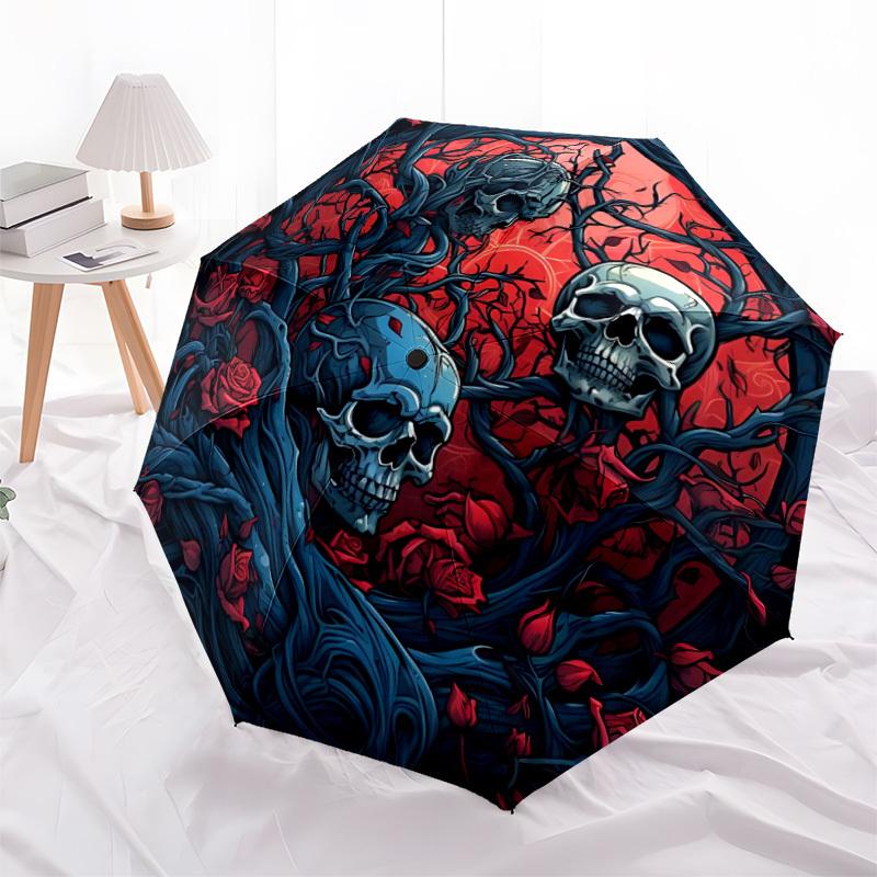 1pc Skulls Roses Fashionable Automatic Opening/Closing Folding Umbrella with 8 Bones, Windproof Portable, Daily Use120