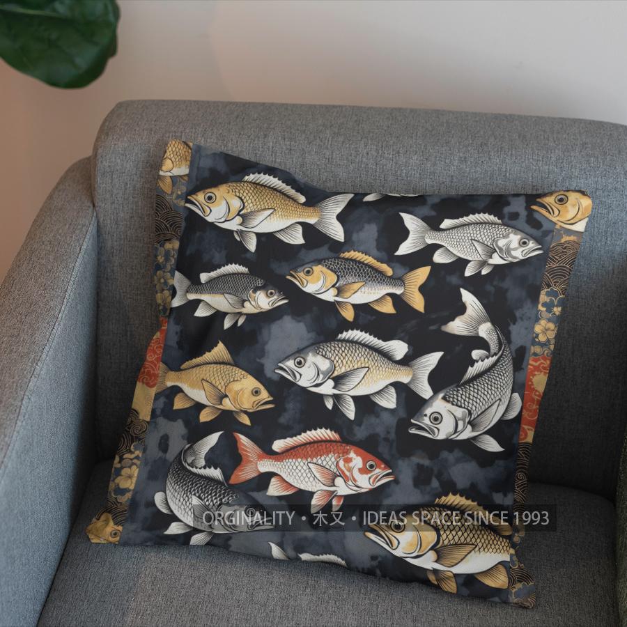 2D Japanese Style Fish-Patterned Throw Pillow Pattern Cushion Cover Suitable For Sofa Bedroom Car Pillow Cover