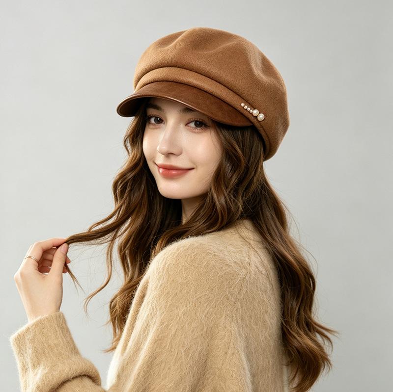 Australia Imported Wool Beret Women's Autumn and Winter Temperament Cap Retro Octagonal Hat Warm Pleated Pumpkin Hat